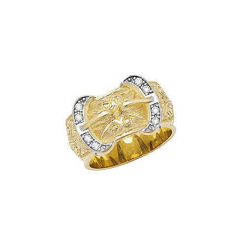 9ct Gold Solid Hallmarked Gents Buckle Ring with White Stones