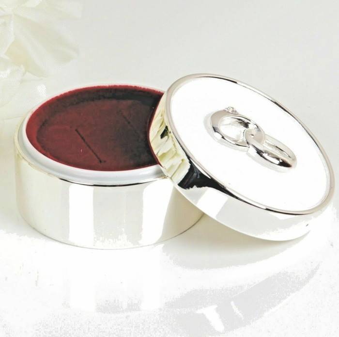 Wedding Rings Box 2 Rings Cushion Round Silver Pltd & Enamel - Free Engraving