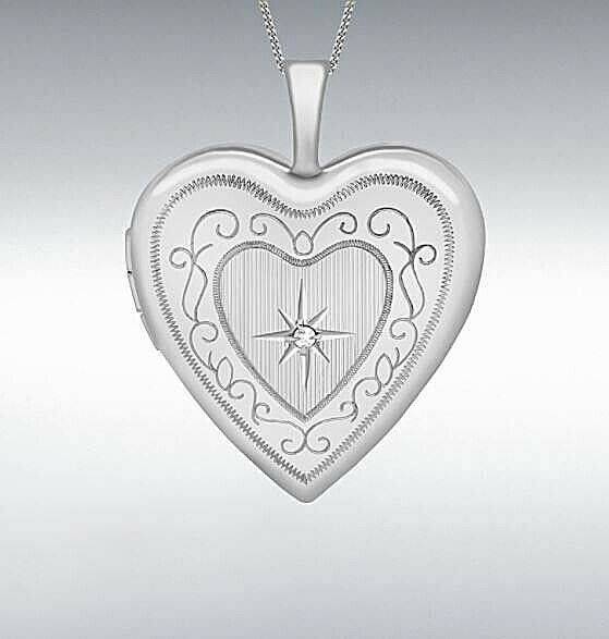 9ct White Gold Diamond Set Patterned Heart Locket 20x25mm